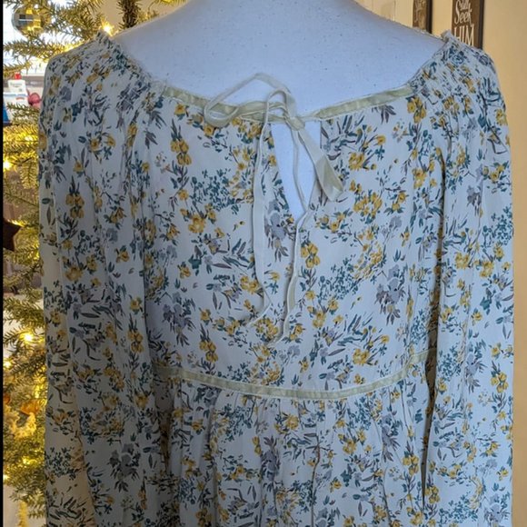 Umgee NWT flowy floral yellow babydoll blouse tie velvet trim S loose T2 - Picture 5 of 5